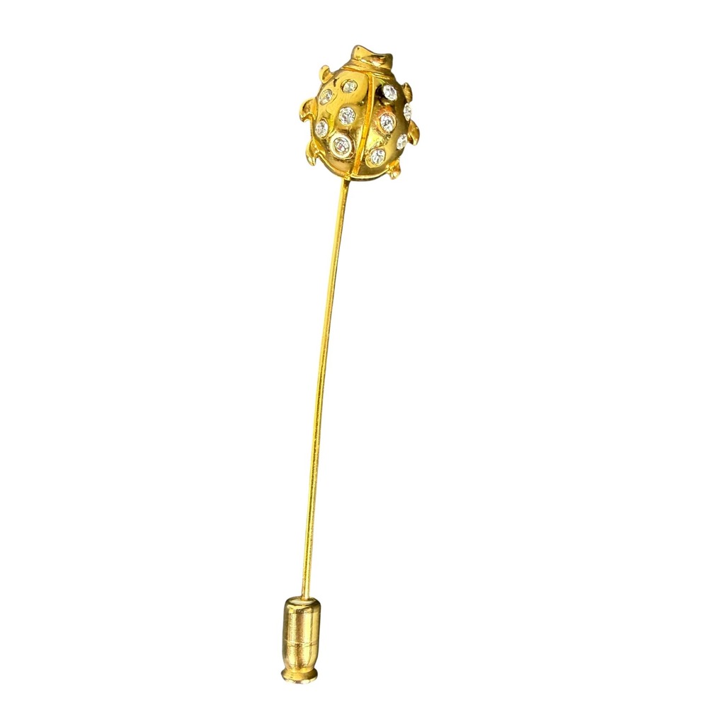Trifari Vintage Gold Tone Rhinestone Ladybug Stick Pin Lapel Hat Accessory - Picture 3 of 9